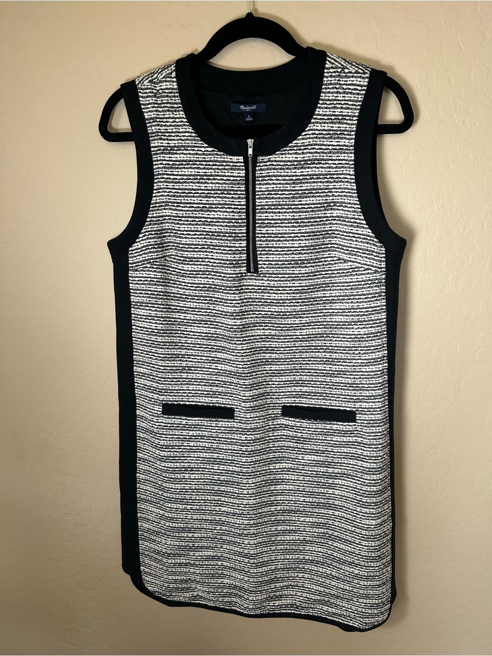 Madewell Black & White Tweed Weave Zip-Front Sleeveless Panel Dress SZ 8 EUC